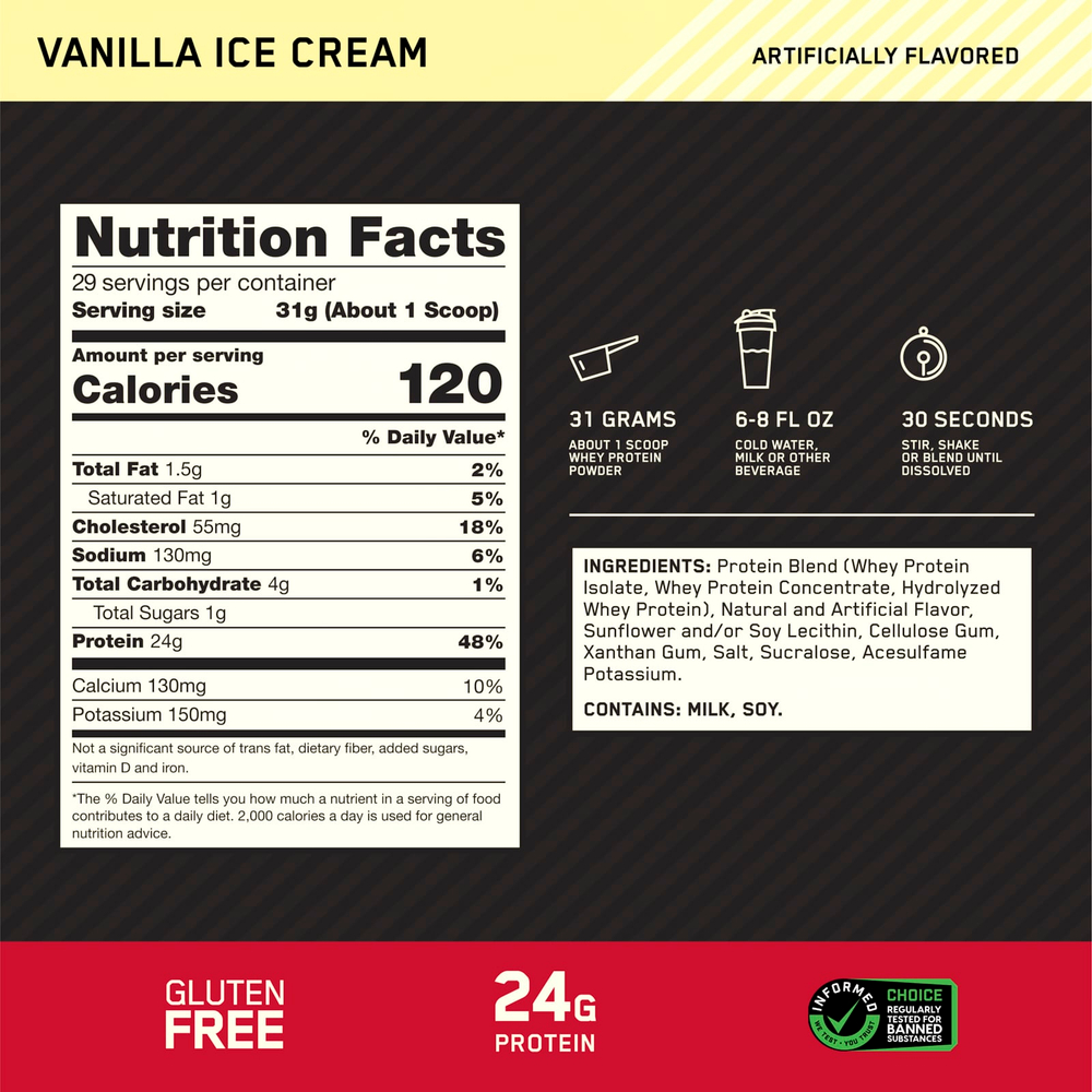 Optimum Nutrition, Gold Standard 100% Whey, сыворотка, ванильное мороженое, 907 кг (2 фунта)
