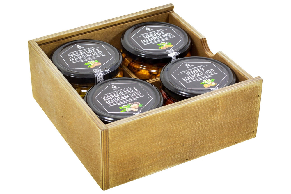 Медовый подарочный набор HoneyForYou "Ореховый квартет" в деревянном ящике
