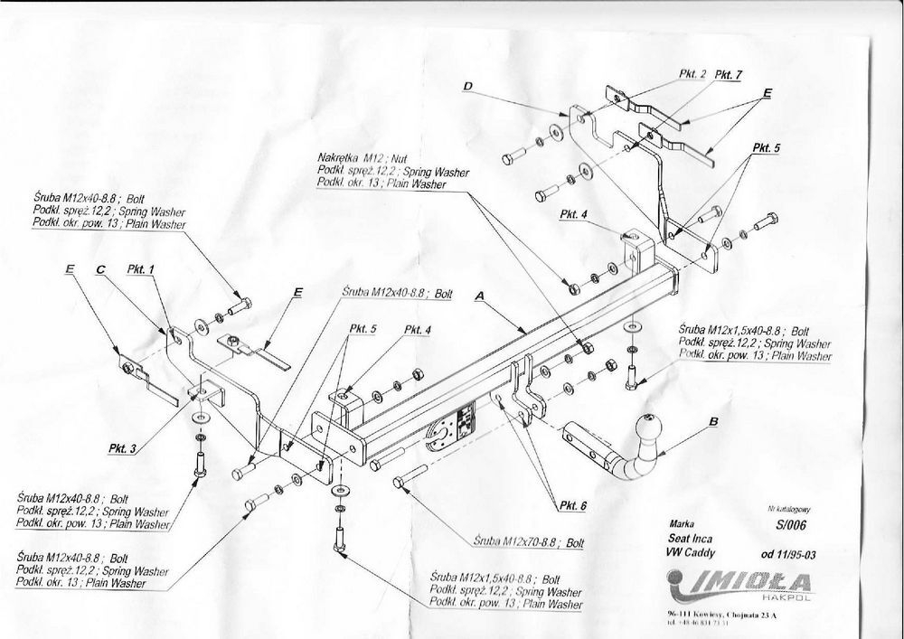 Фаркоп IMIOLA S.006 для SEAT Inca 1995-2003, Volkswagen Caddy 1995-2003(паспорт и сертификат в комплекте)(без электрики)