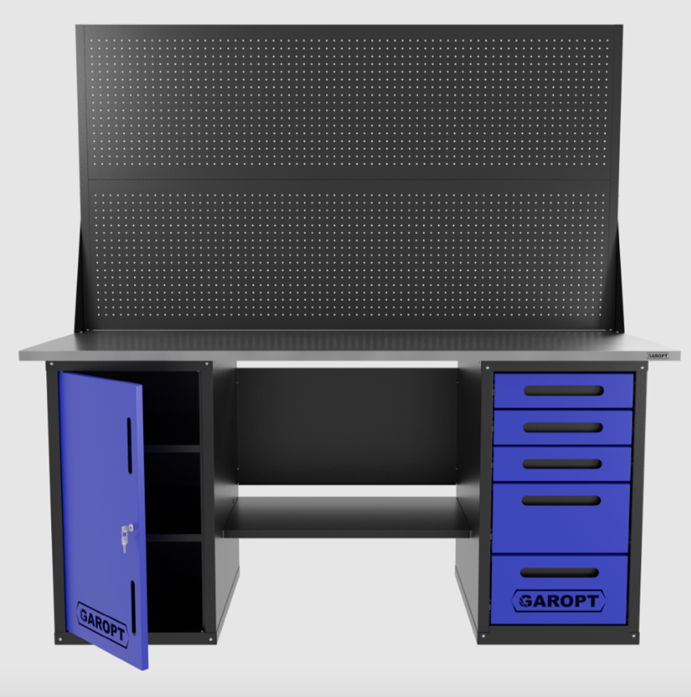 Верстак двухтумбовый дверь/5 ящиков с двумя экранами, синий 1800*700 Garopt, GT1800DY5PP2.blue