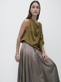 Massimo Dutti Юбка миди с декоративными складками и вощеной отделкой, серый