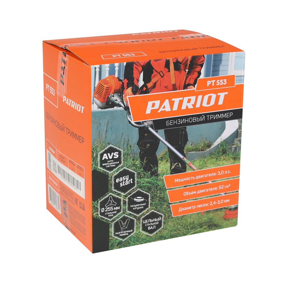 Триммер бензиновый PATRIOT PT 553 (1+1) 3л.с, 52сс, катушка полуавтомат + нож 3Т, неразборная штанга,  U-образная рукоятка, плечевой ремень