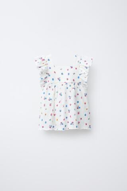 ZARA ФУТБОЛКА ИЗ РЕЛЬЕФНОЙ ТКАНИ С ЦВЕТОЧНЫМ ПРИНТОМ, ЭКРЮ