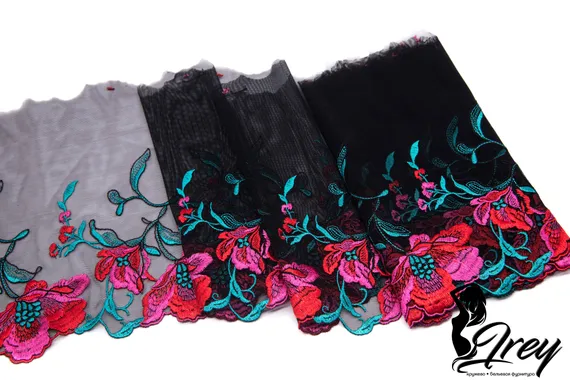 05-104 Вышивка на эл. сетке 20 см, черный/красный/розовый/ментол (правая)