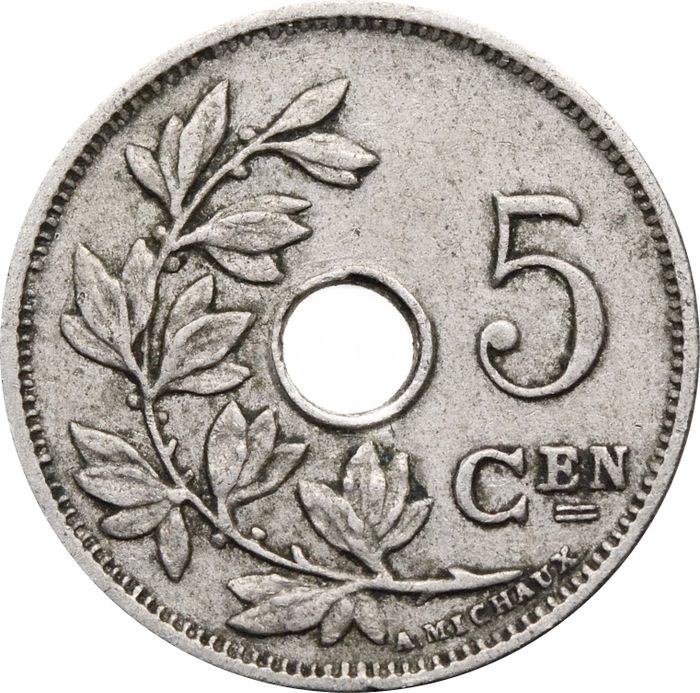 5 сантимов 1910-1931 Бельгия (Надпись на голландском - KONINKRIJK BELGIË)