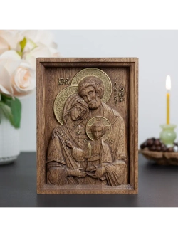 Святое семейство икона деревянная резная, ясень (1)