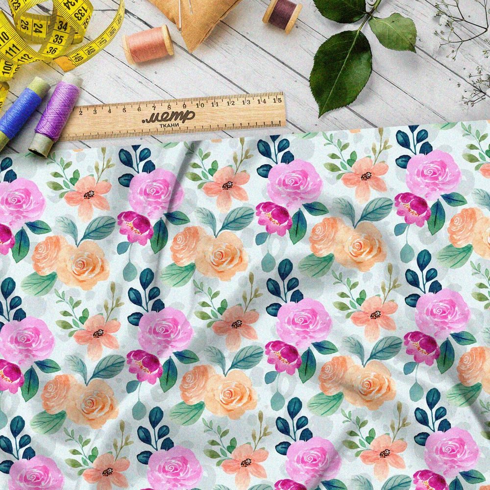Ткань кулирная гладь мелкие пастельные розы и листва