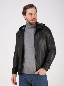 Кожаная куртка демисезонная натуральная с капюшоном