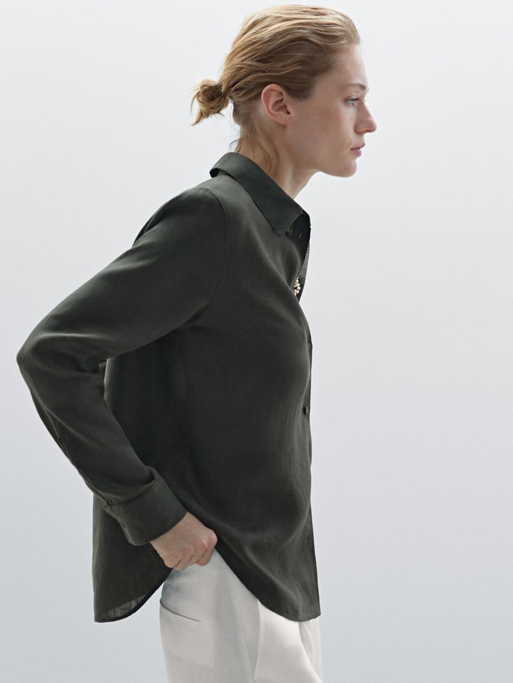 Massimo Dutti Рубашка из струящегося 100% льна, темно-зеленый