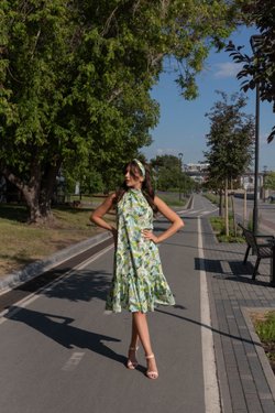 Платье с открытыми плечами листья из хлопка