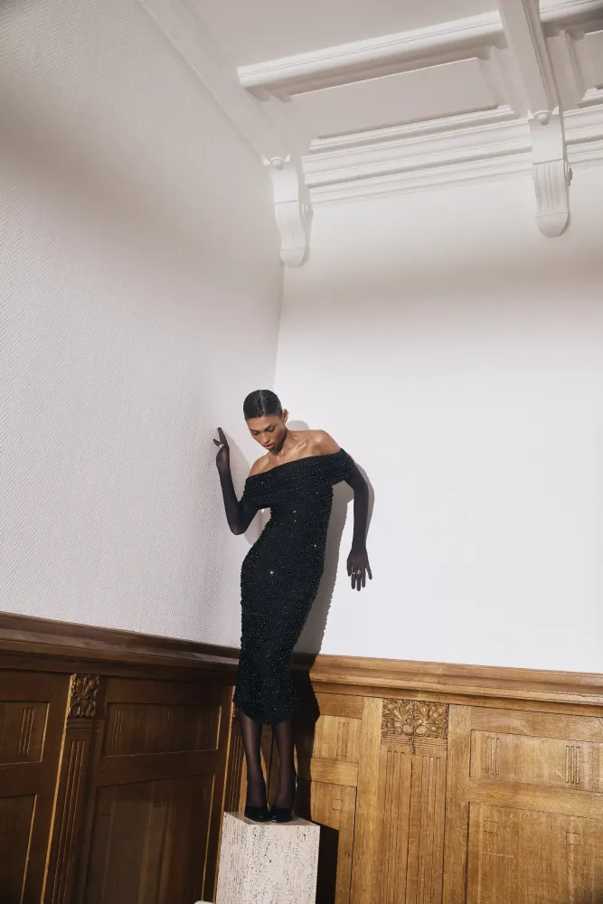 Iren midi, платье миди из черного бифлекса со стразами драпированное