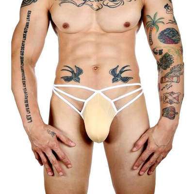 Бежевые сексуальные трусы-стринги на тонких белых бретелях (Размер: XXL) (Цвет: бежевый с белым)
