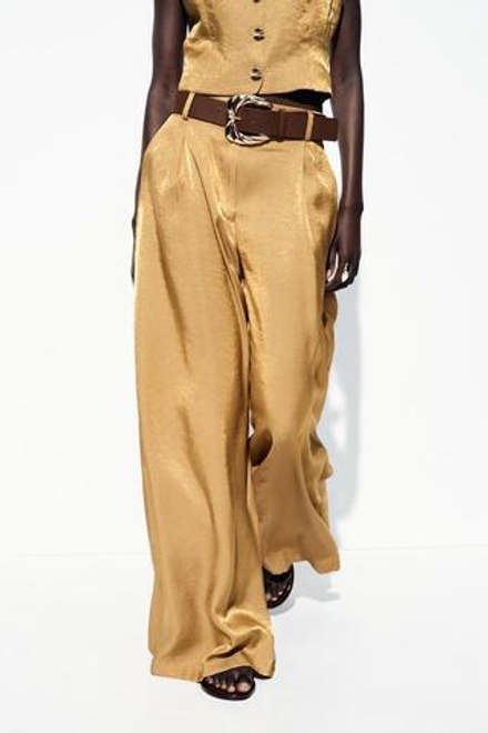 ZARA АТЛАСНЫЕ БРЮКИ С ШТАНИНАМИ И РЕМНЕМ, ЗОЛОТИСТЫЙ