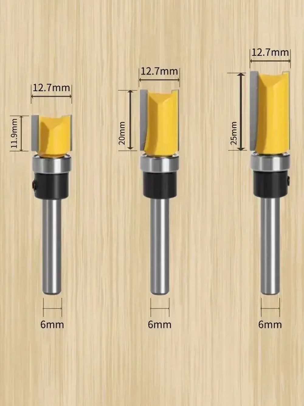 Фреза по дереву кромочная прямая для выборки заподлицо с верхним подшипником ,хвостовик 6 мм,3шт