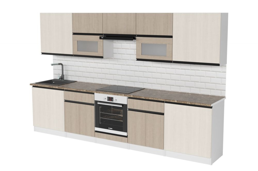 Кухонный гарнитур Кварц экстра 3000 мм (Латте/Карамель/Белый, Аламбра темная)