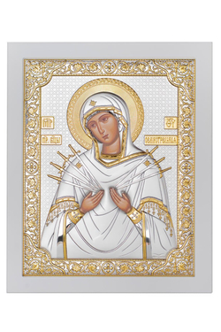 Семистрельная БМ, икона прямоугольная с рамкой, белое дерево 210х260