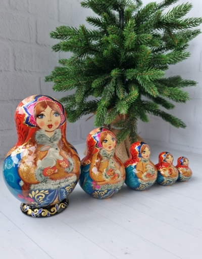 Матрешка с заинькой 15см 5мест пузатая