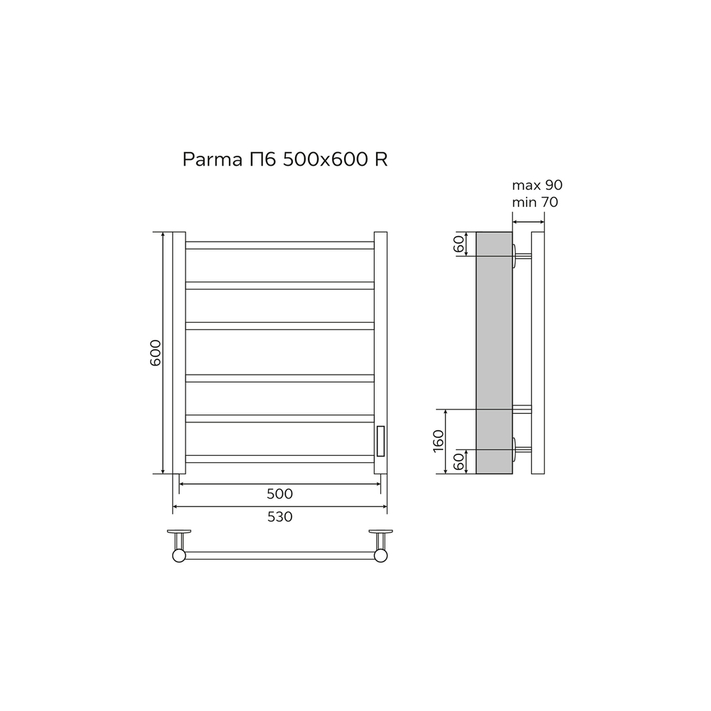 Полотенцесушитель электрический AZARIO PARMA 500/600 6 секций, диммер справа, хром