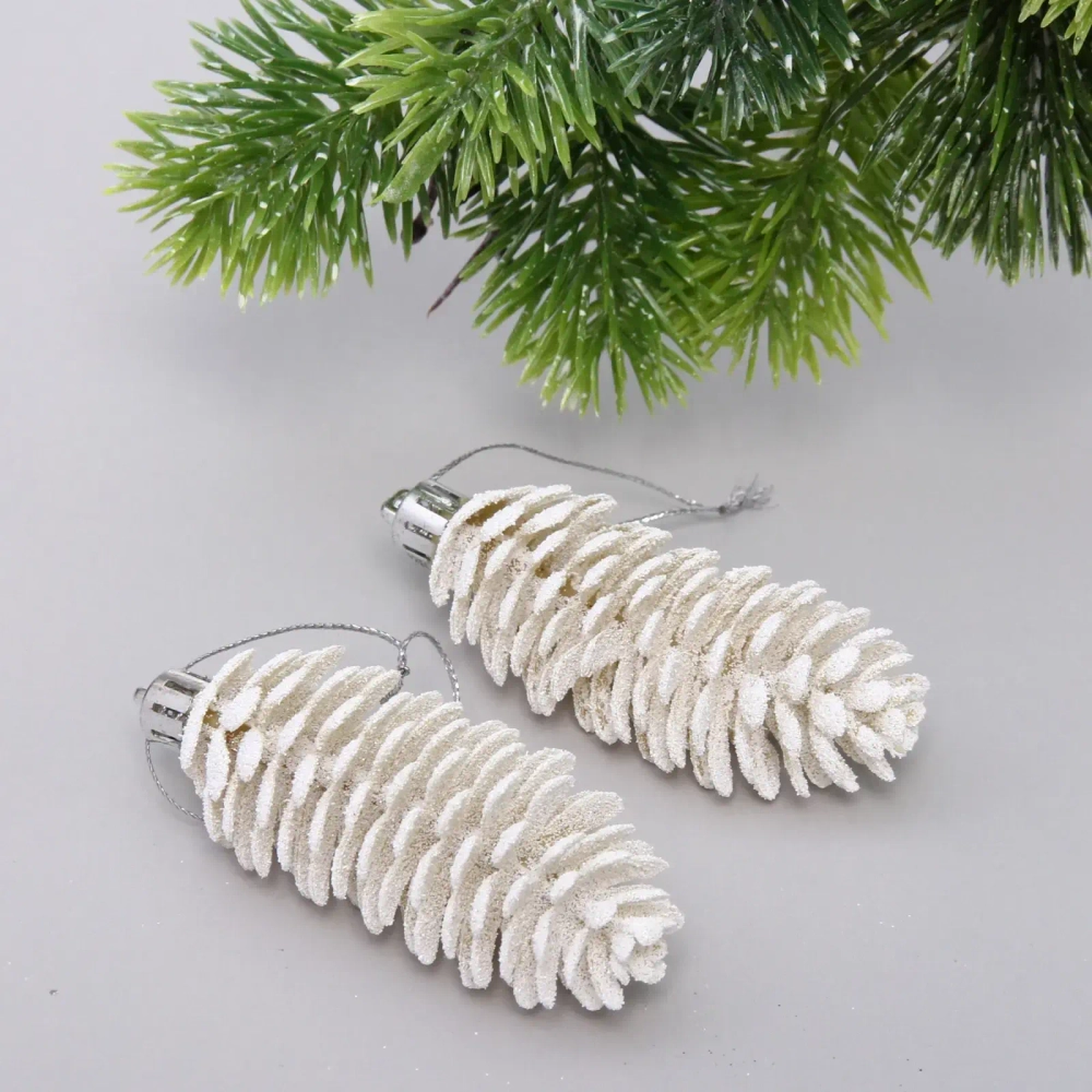 Ёлочные игрушки «Таинственное очарование» Шишки блестящие 9 см (набор 2 шт), белый