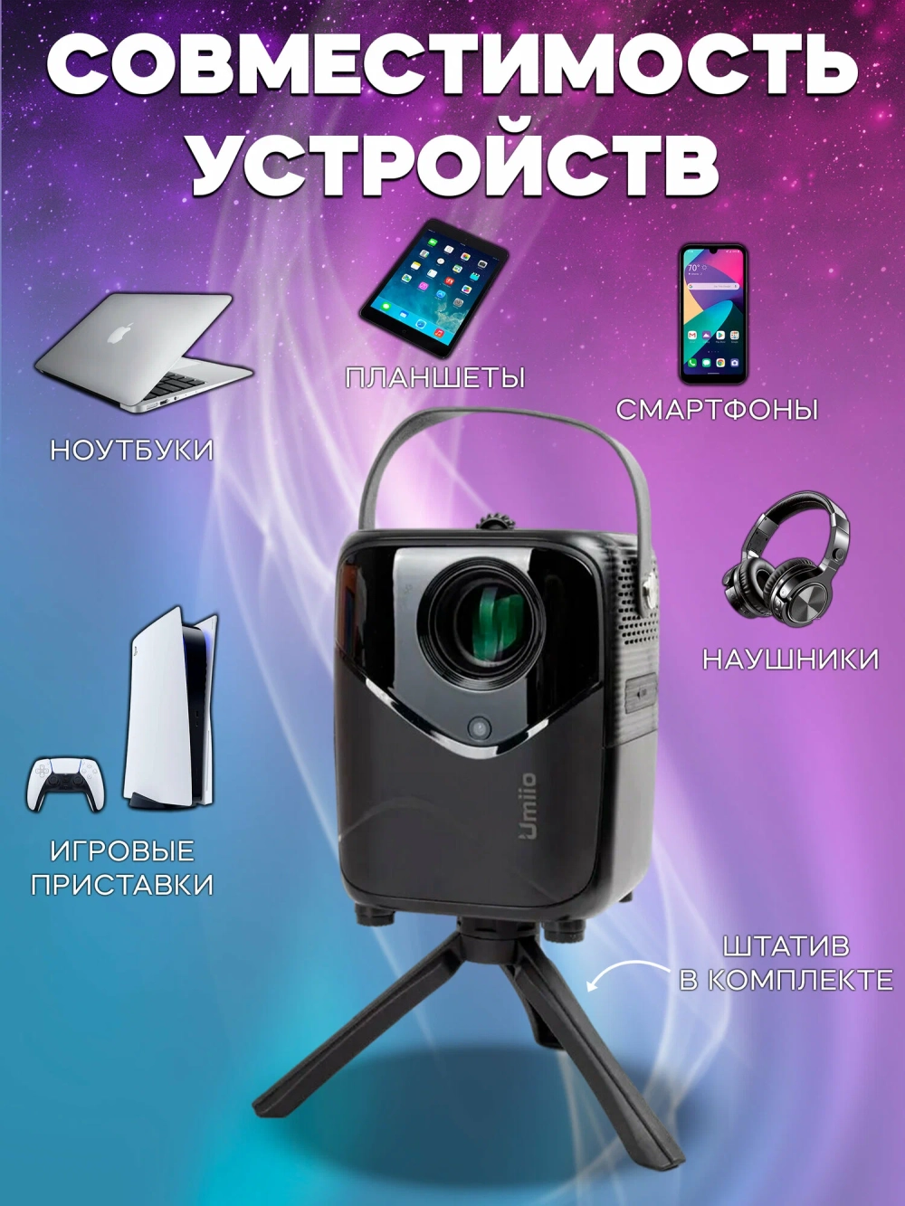 Портативный проектор мини для домашнего кинотеатра Umiio Q1, с пультом управления, Full HD, черный