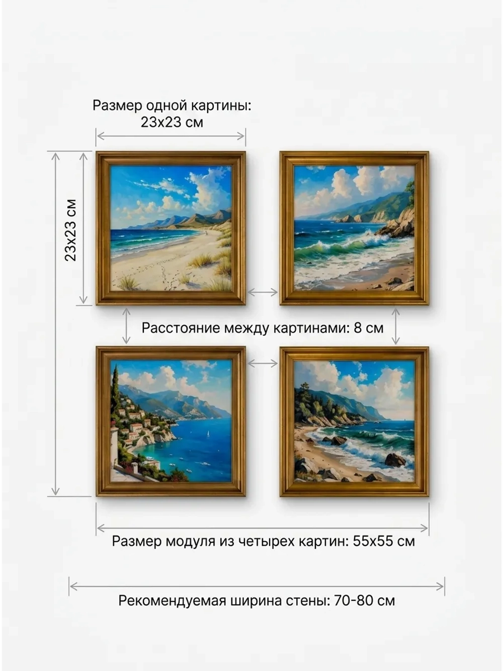 Набор из четырех картин на стену "Морской берег" 23*23 см