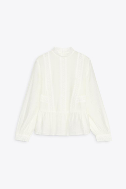ZARA БЛУЗА С КРУЖЕВОМ В ТОН, ЖЕЛТОВАТО-БЕЛЫЙ