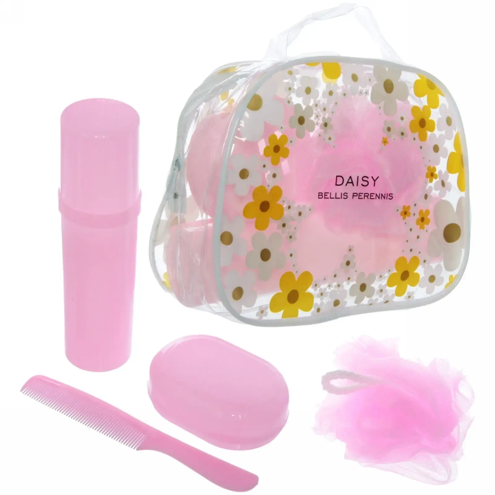 Набор банный дорожный 4шт «Traveler - Ромашки», микс 3 цв., (мочалка, футляр 2шт, расческа), 20*15,5*8,5