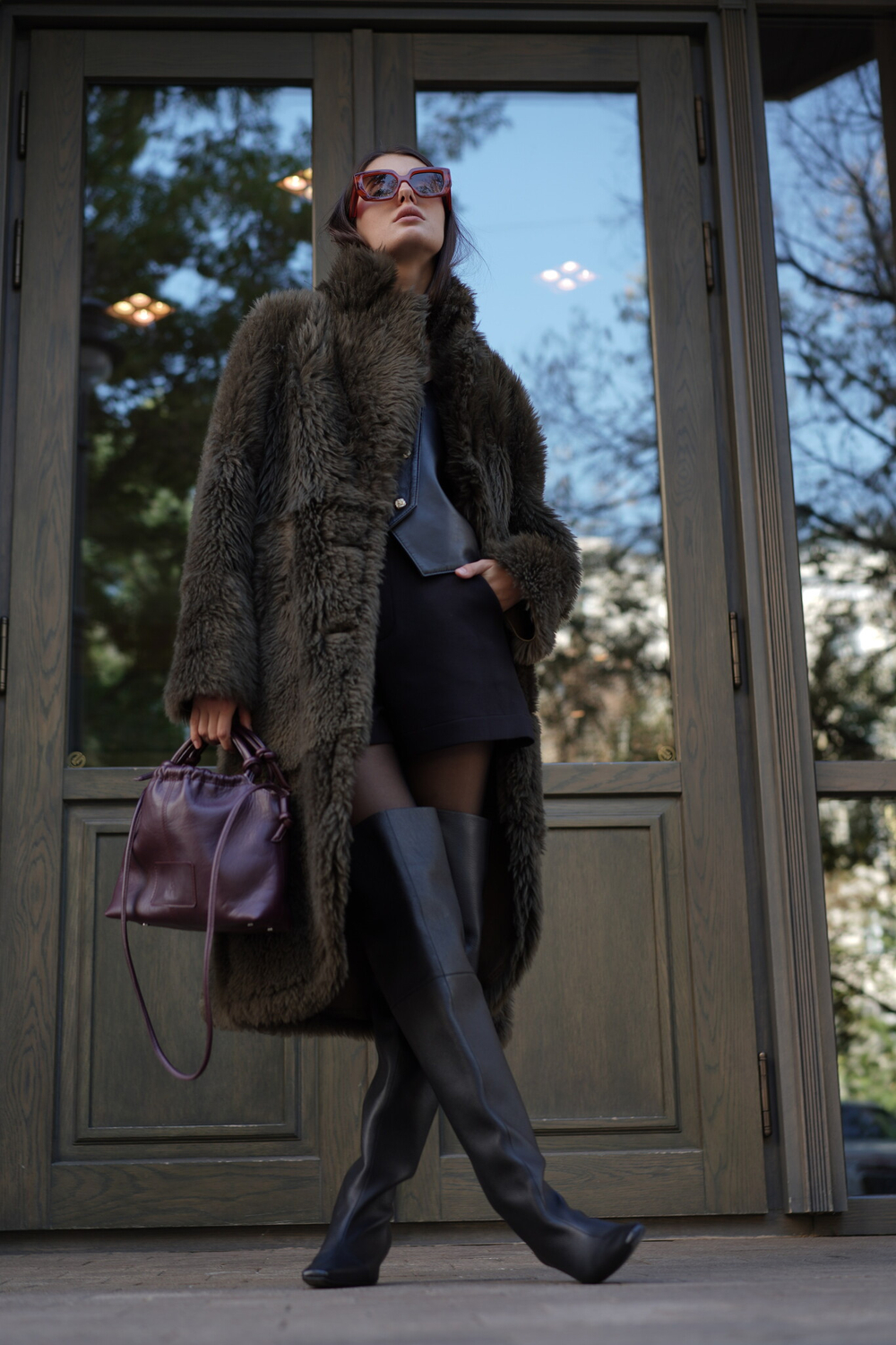 Дубленка двусторонняя Тиградо хаки удлиненная