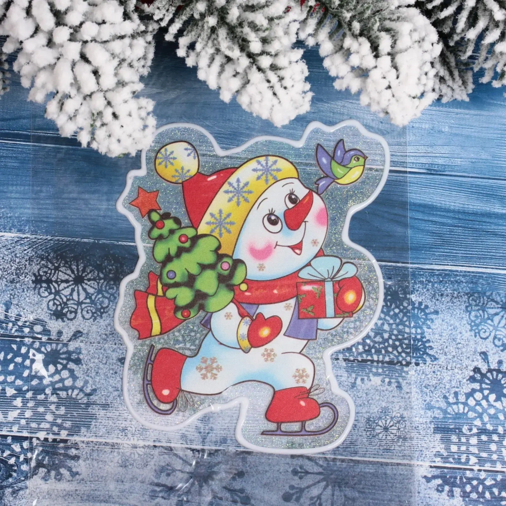 Наклейка на стекло «Снеговик на коньках» 15*20 см