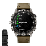 Спортивные часы Garmin MARQ Adventurer (Gen 2), гибридный ремешок, чёрный силиконовый ремешок Безель и корпус из титана, AMOLED-дисплей с куполообразным сапфировым стеклом. Ремешок из кожи и фторэластомера и силиконовый ремешок с классическими застёжками