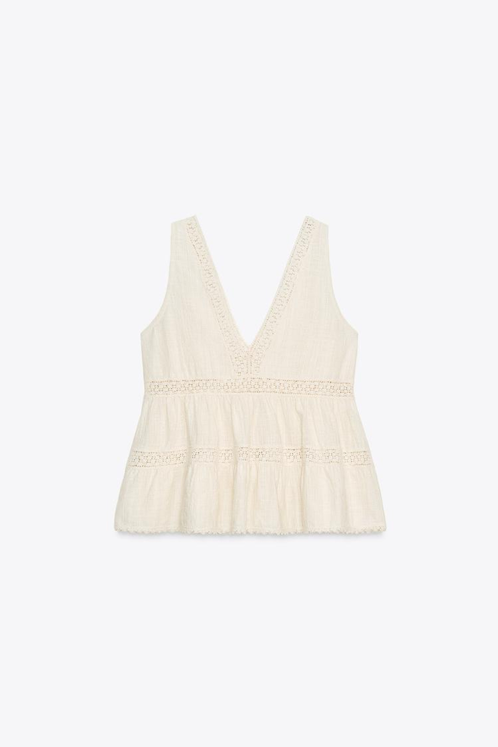 ZARA ТОП В СТИЛЕ РУСТИК С КРУЖЕВОМ, ЭКРЮ