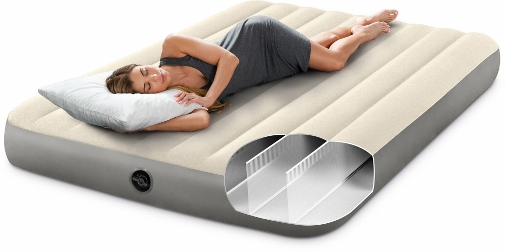 Мaтрас нaдувной Intex 64144 Pillow Rest King 183х203х25 см / Крoвать нaдувная Интeкс двухспальная велюровая королевского размера со встроенным подголовником