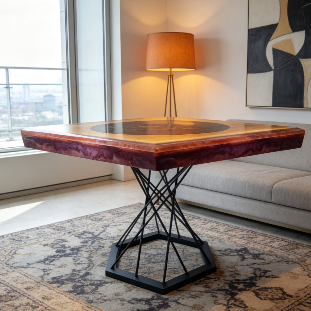 Стол из массива дуба, эпоксидной смолы и шишек.&nbsp; Живой срез дерева с ручной заливкой.