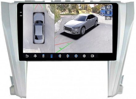 Магнитола для Toyota Camry 55 2014-2018 (рамка серебро) - FarCar BX466M-360 монитор 10.36" 2K QLED на Android 13, 6Гб+128Гб, CarPlay, 4G SIM-слот, 4 камеры в комплекте