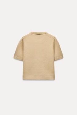 ZARA БАЗОВЫЙ ОДНОТОННЫЙ ТРИКОТАЖНЫЙ ТОП С КОРОТКИМИ РУКАВАМИ, БЕЖЕВЫЙ