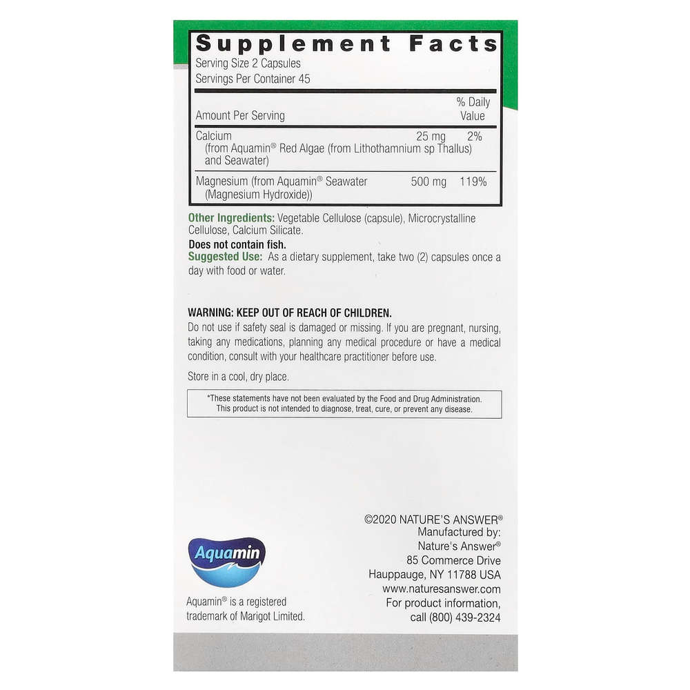 Nature's Answer, магний на основе морского происхождения, 90 вегетарианских капсул