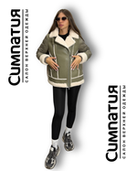 Куртка-кожанка до -20 в оливковом цвете с декоративным воротником и деталями