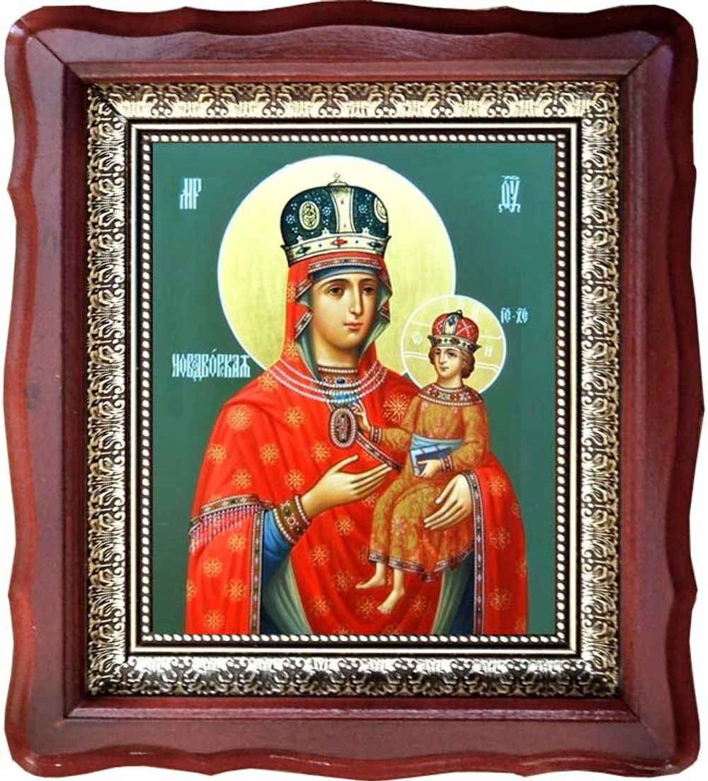 Новодворская икона Божьей Матери на холсте 15х18 см в киоте 24х27х4 см.