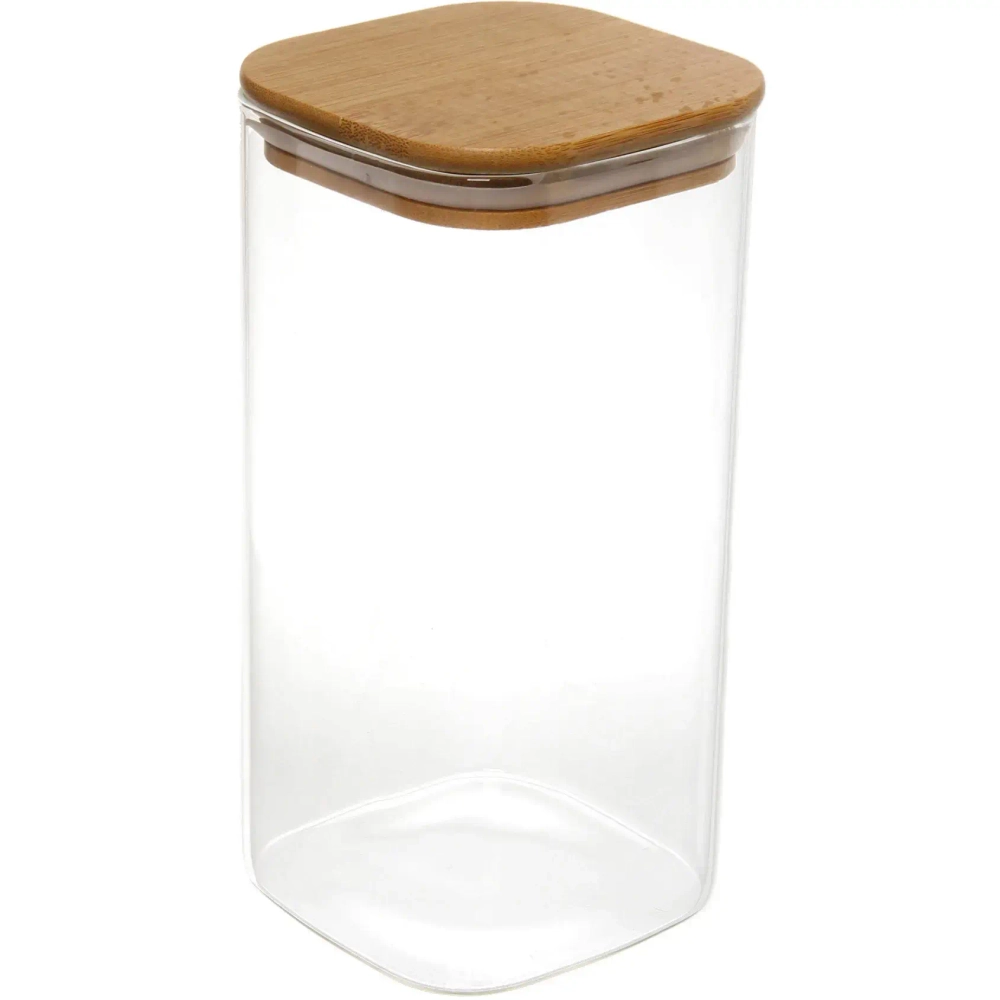 Банка для продуктов стеклянная 1200мл «Хай-Тек» с бамбуковой крышкой, квадратная 10*20см