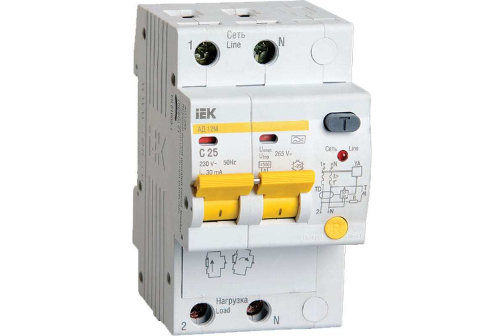 Дифференциальный автоматический выключатель АД12М 2Р С25 30мА IEK
