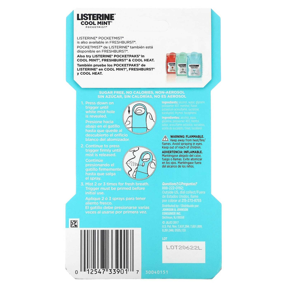 Listerine, Карманный спрей, холодная мята, 140 спреев, 7,7 мл