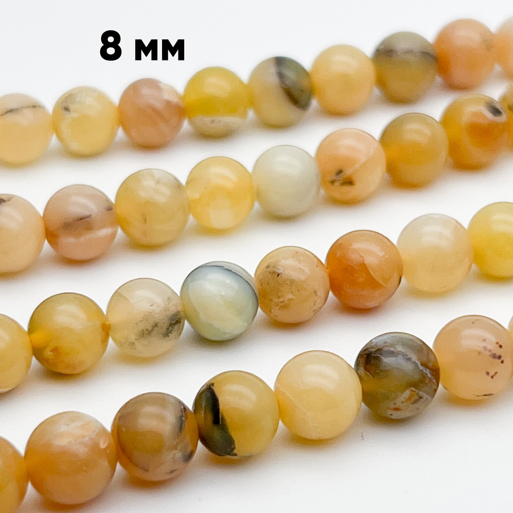 Опал желтый бусины, диаметр 7,7-8,1 мм, цена за 12 шт (1/4 нити)
