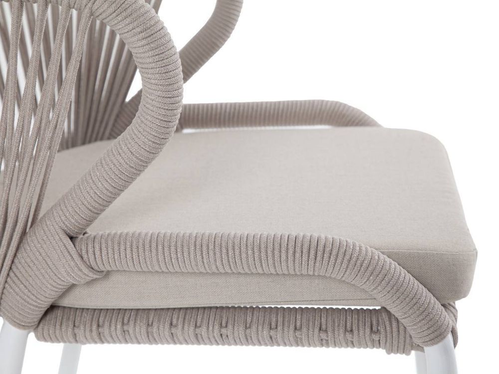 "Милан" стул плетеный из роупа, каркас алюминий белый шагрень, роуп бежевый круглый, ткань бежевая