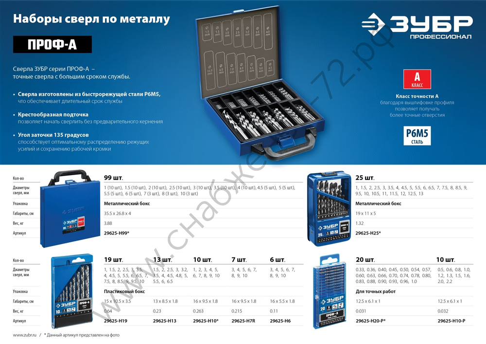 ЗУБР ПРОФ-А 19шт(1-10мм), Набор сверл по металлу, сталь Р6М5, класс А, мет.бокс