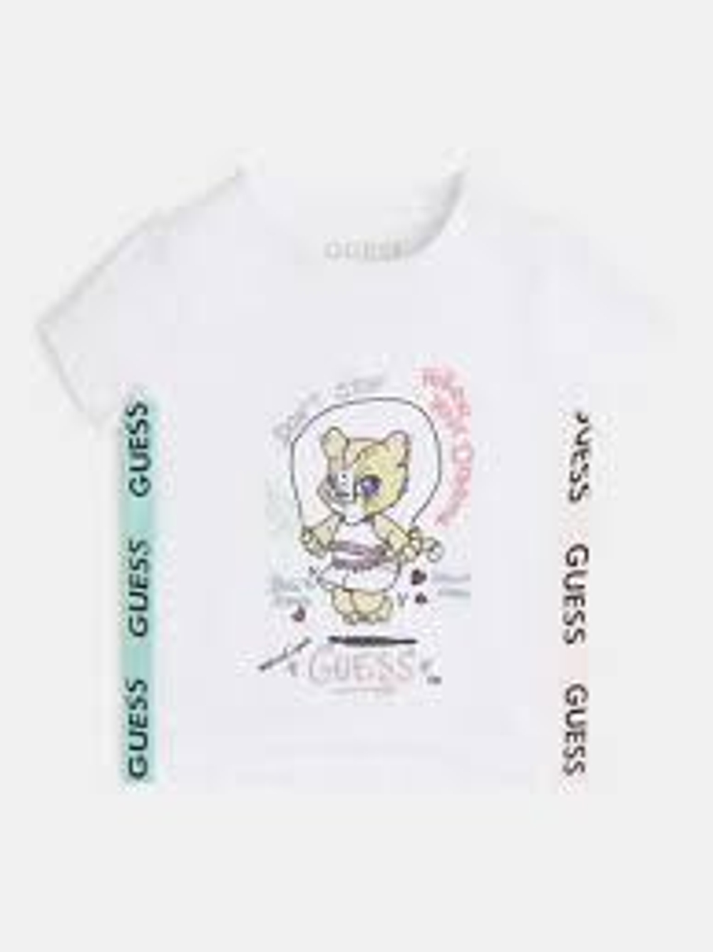 Футболка GUESS Белый/Принт: кошечка со скакалкой/Тесьма с логотипами/Разноцветные надписи-вышивки (Девочка)