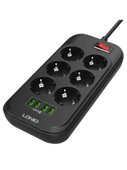 LDNIO удлинитель сетевой фильтр с умной зарядкой, 2500 Вт, модель SE6403, 2 метра, 4 USB, тройник разветвитель с заземлением и выключателем, черный