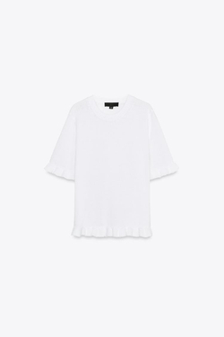 ZARA ТРИКОТАЖНЫЙ ТОП С ВОЛАНАМИ, БЕЛЫЙ