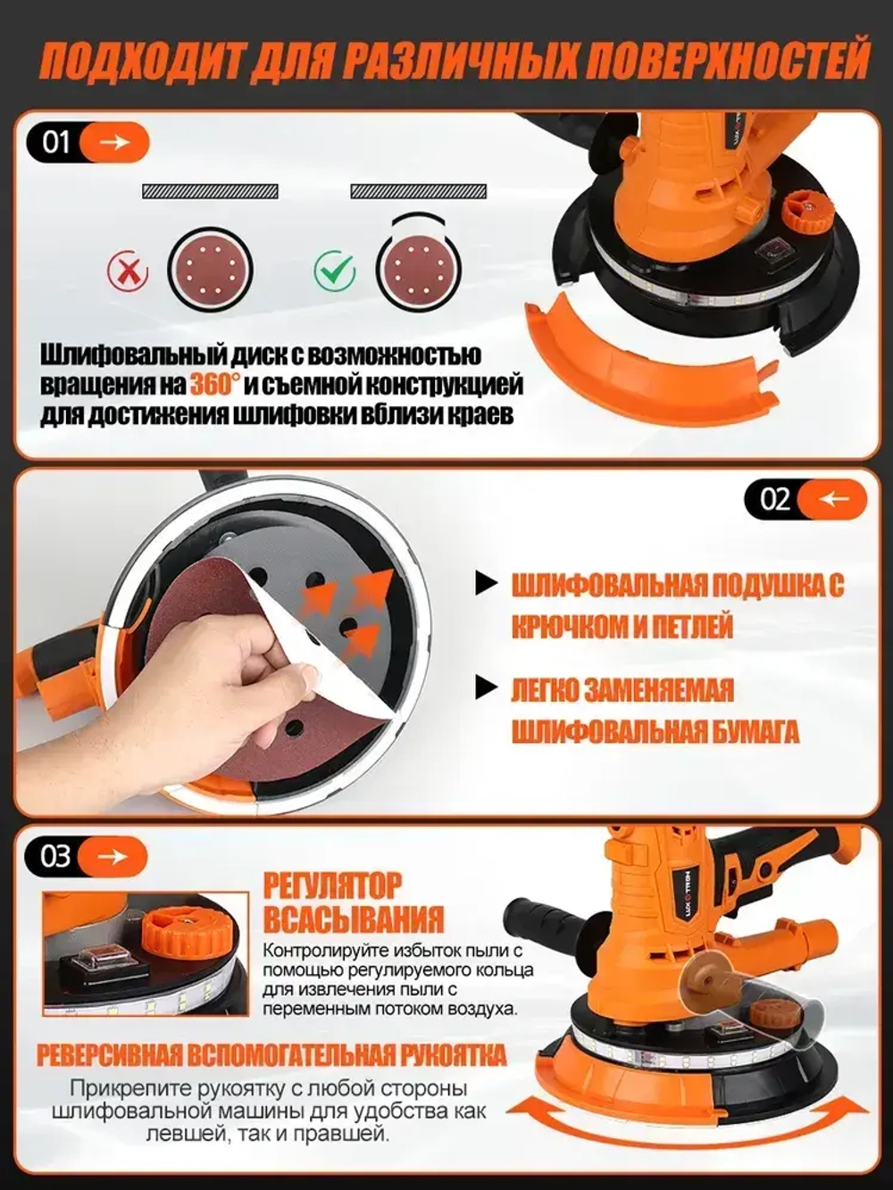 Шлифовальная машинка для стен и потолков Luxotron, 900Вт, 1400 - 2700 об/мин, 12 штук шлифовальных бумаг, 4 м сетевой шнур, LED
