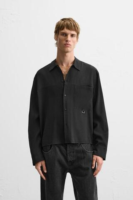ZARA РУБАШКА СВОБОДНОГО КРОЯ С КАРМАНОМ, ЧЕРНЫЙ