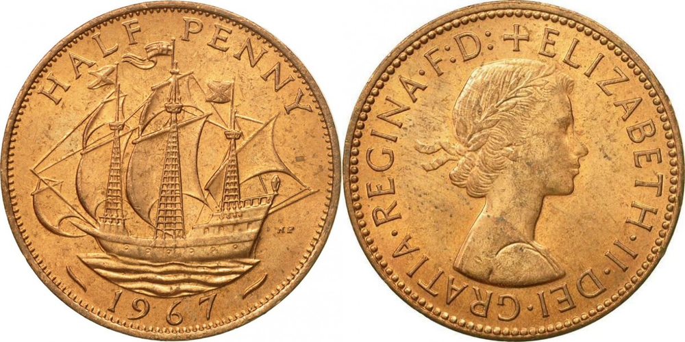 Великобритания 1/2 пенни, 1954-1970 Королева Елизавета II XF